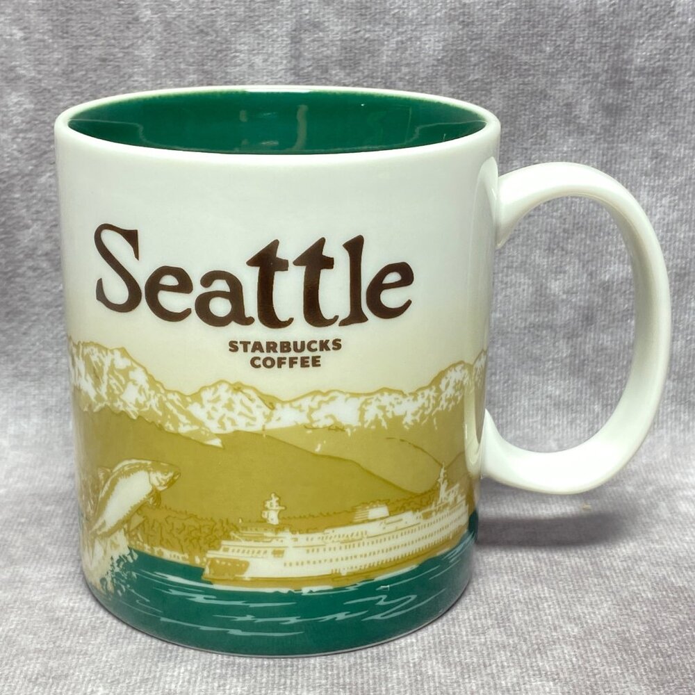 Starbucks Seattle 2011 Coffee Mug Mountains 16oz Green Whale Skyline Cup